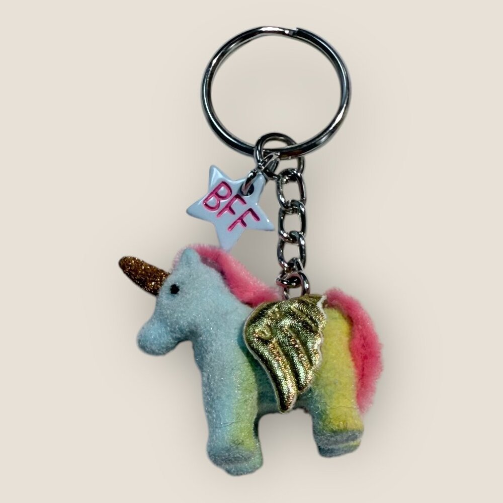 Flocked Unicorn Keychain Keyring with BFF Star Charm Blue Ombre